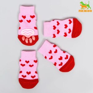 Носки нескользящие "Сердечки", размер М (3/4 * 7,5 см), набор 4 шт, розовые