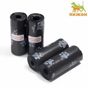 Пакеты для уборки за собаками с печатью "Лапки"4 рулона по 15 пакетов 29х21 см), чёрный