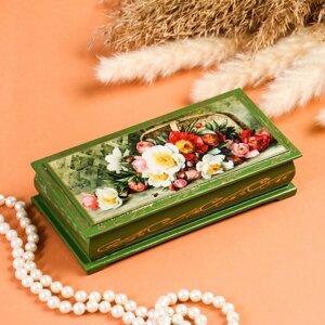 Шкатулка - купюрница «Букет цветов», зелёная, 8,517 см, лаковая миниатюра