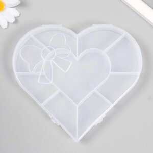 Шкатулка пластик для мелочей "Сердце с бантиком" прозрачная 9 отделений 15,5х14х1,8 см
