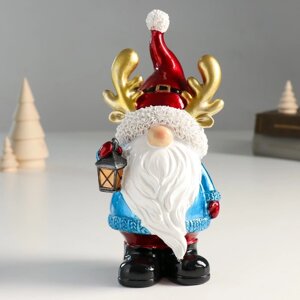 Сувенир полистоун "Дед Мороз в колпаке с рожками, с фонариком" 10х8х21,5 см