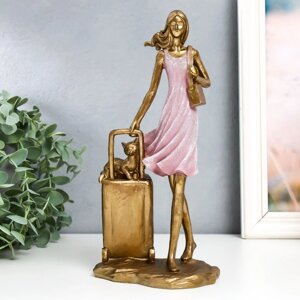 Сувенир полистоун "Девушка в розовом платье с чемоданом и котом" 10х12,5х25,5 см