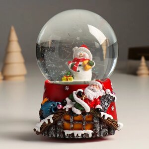Сувенир полистоун водяной шар музыка механ. Снеговик и спящий Дед Мороз" 11,5х11,5х14 см