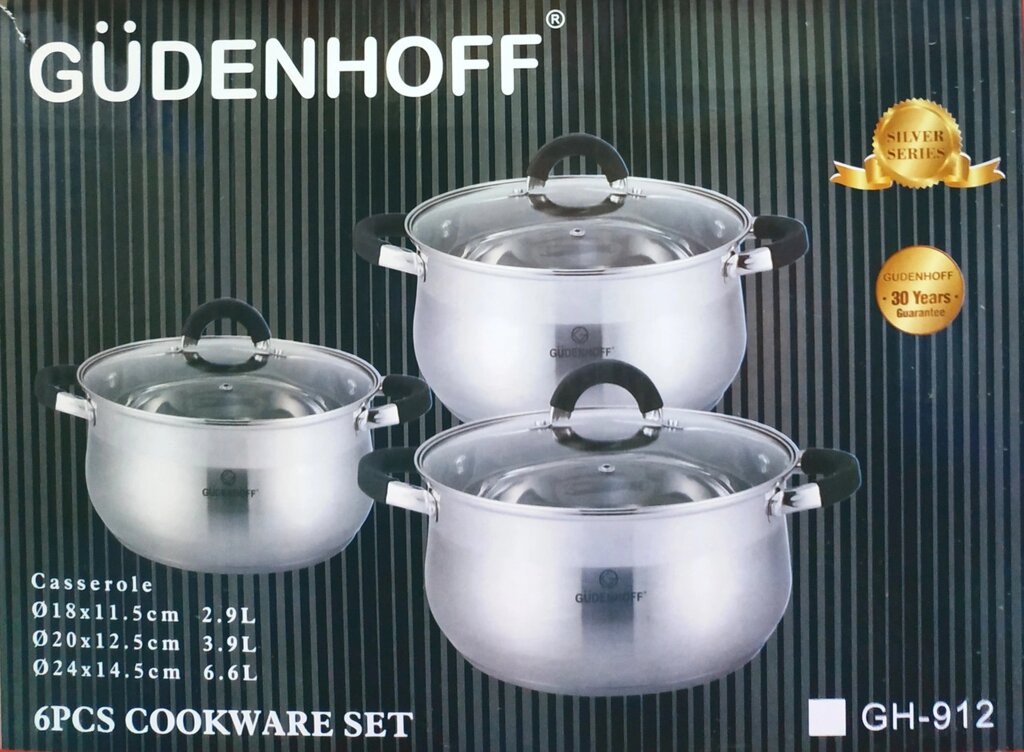 Набор кухонной посуды GUDENHOFF GH-912 (2.9л./ 3.9л./ 6.6 л.) 6 предметов - из Нержавеющей стали от компании Покупка-Маркет - фото 1