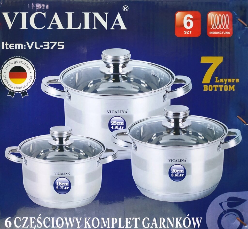 Наборы посуды кастрюли 3 предмета VICALINA VL-375 (2.7л/ 3.6 л/ 4.8л) из Нержавеющей стали, Индукция от компании Покупка-Маркет - фото 1