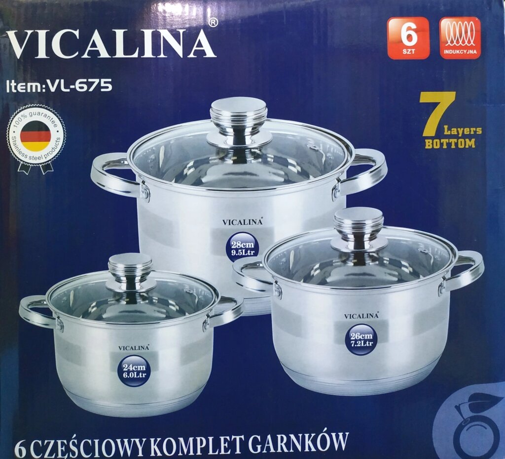Наборы посуды кастрюли 3 предмета VICALINA VL-675 (6.0 л/ 7.2л/ 9.5л) из Нержавеющей стали, Индукция от компании Покупка-Маркет - фото 1
