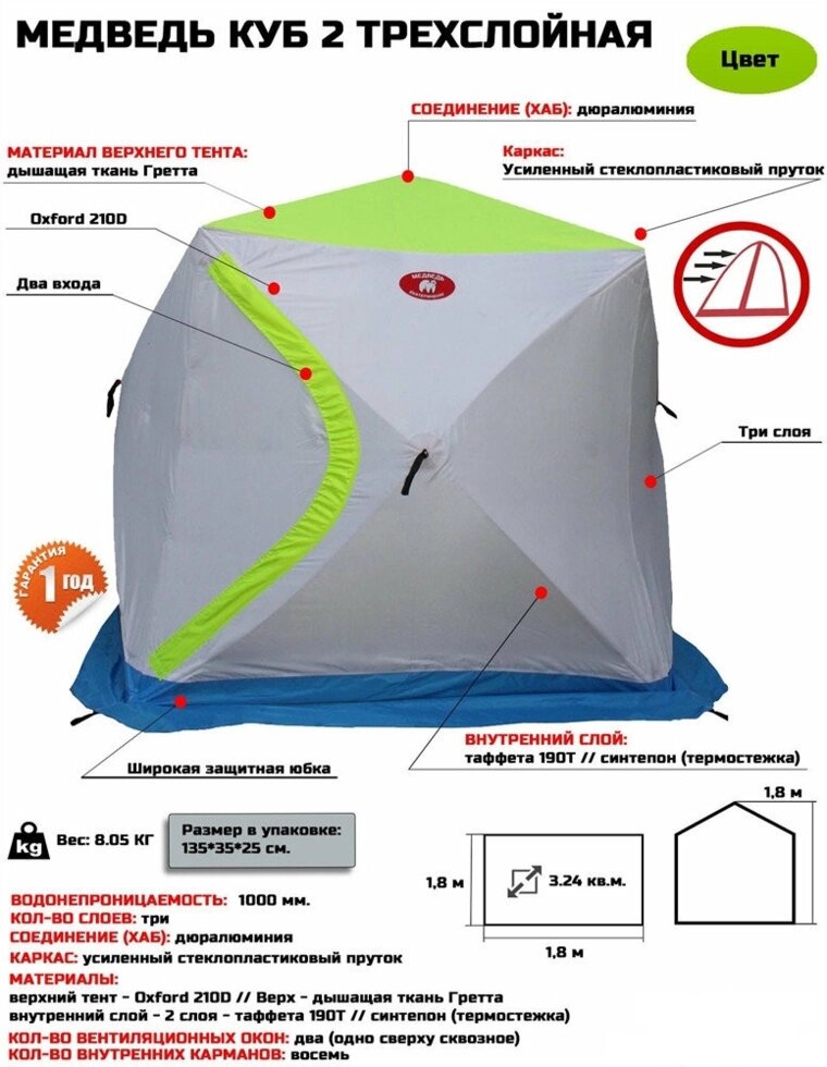 Палатка для зимней рыбалки Медведь КУБ-2 утепленная (180 х 180 х 180 см.) термостежка от компании Покупка-Маркет - фото 1