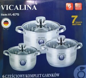 Наборы посуды кастрюли 3 предмета VICALINA VL-675 (6.0 л/ 7.2л/ 9.5л) из Нержавеющей стали, Индукция