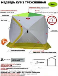 Зимняя палатка Медведь КУБ-3 утепленная (200 х 200 х 190 см.) термостежка