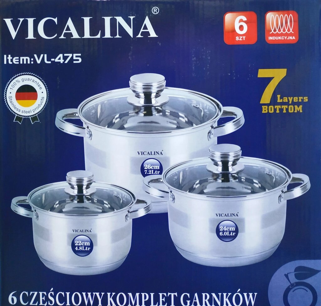 Посуда для индукционных плит VICALINA VL-475 (4.8л/ 6.0 л/ 7.2л) 6 предметов - из Нержавеющей стали от компании Покупка-Маркет - фото 1
