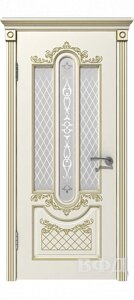Межкомнатная дверь Александрия ДО, эмаль слоновая кость/патина золото, стекло белое