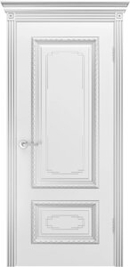 Межкомнатная дверь ДУЭТ R B2 эмаль фрезерованная патина глухие белые белые серебро