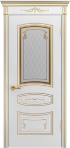Межкомнатная дверь СОНАТА ГРЕЙС В2 эмаль фрезерованная патина остекленные белые белые золото