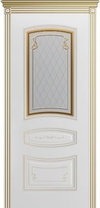 Межкомнатная дверь СОНАТА ГРЕЙС В2 эмаль фрезерованная патина остекленные белые белые белое золото