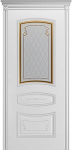 Межкомнатная дверь СОНАТА ГРЕЙС В2 эмаль фрезерованная патина остекленные белые белые серебро