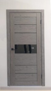 Межкомнатная дверь ТД 303 царга ПВХ дуб серый стекло черное ТАНДОР
