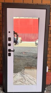 Входная дверь 10см ПРОГРЕСС ЛАЙТ ЛОФТ панель МДФ 10мм темный бетон линии / ЗЕРКАЛО Белая шагрень  ДВЕРИ РЕГИОНОВ в Крыму от компании Двери в Евпатории