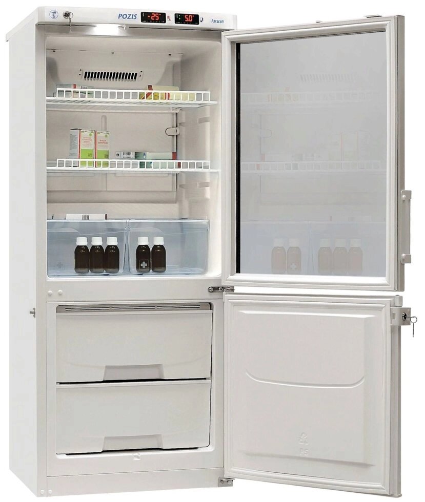 Холодильник ХЛ-250-1(ТС) "ПОЗИС" (170/80 л) с тонированной стеклянной, металлической дверью и блоком управления "БУ-М01" от компании АВАНТИ Медицинская мебель и оборудование - фото 1