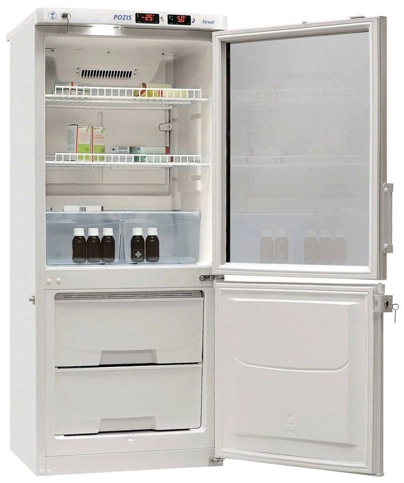 Холодильник комбинированный лабораторный ХЛ-250 (ТС) "ПОЗИС" (170/80 л) с тонированной стеклянной и металлической дверью от компании АВАНТИ Медицинская мебель и оборудование - фото 1