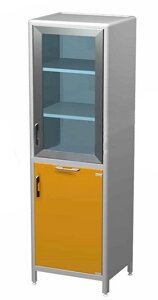AR-P81A Шкаф с застекленной дверью 450х400х1700, выдвижной полкой, с замком, сейфом, 3 полками Пластик ( Металлокаркас )