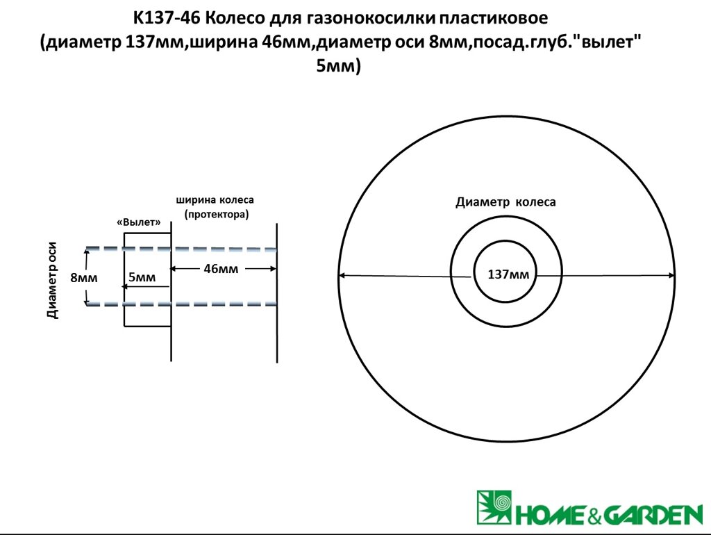 Колесо газонокосилки 135мм универсальное колесо пластиковое диаметр 137мм ширина 46мм диаметр оси 8мм посад глуб вылет от компании ООО ГенХольм - фото 1