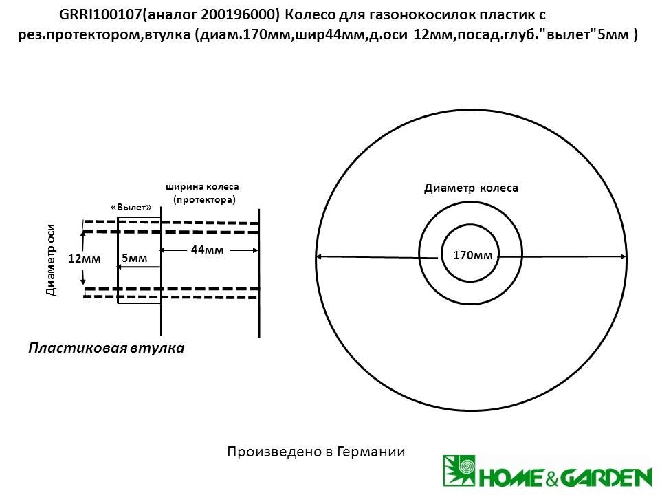 Колесо газонокосилки 170мм grri100107 универсальное пластик резиновый протектор шир 38мм с подшипниками д оси 12мм от компании ООО ГенХольм - фото 1