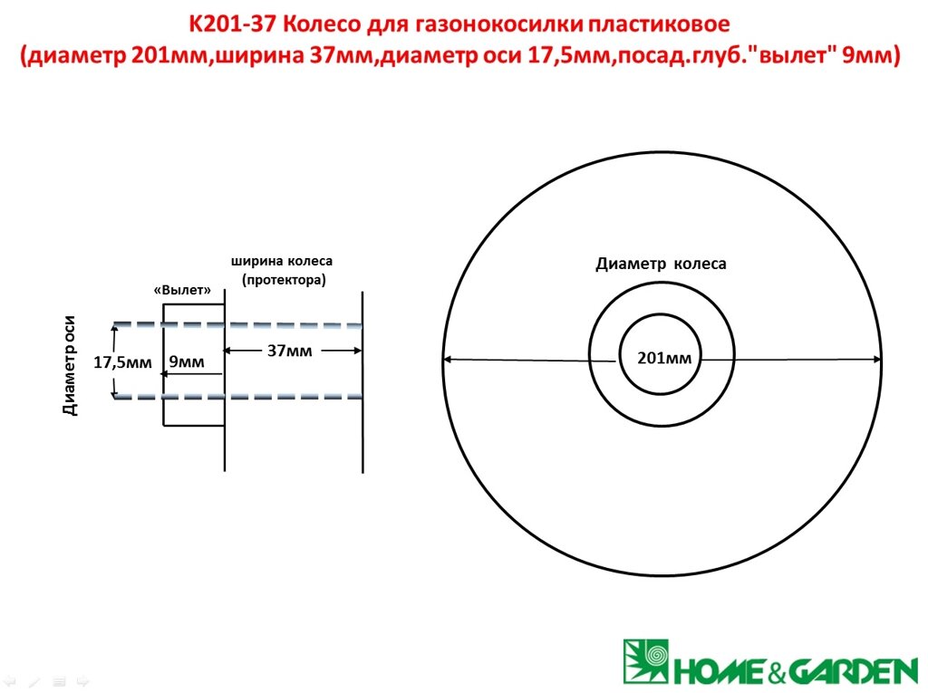 Колесо газонокосилки 200мм универсальное колесо пластик ширина 37мм диаметр оси 17,5мм посад глуб вылет 9мм k201-37 от компании ООО ГенХольм - фото 1