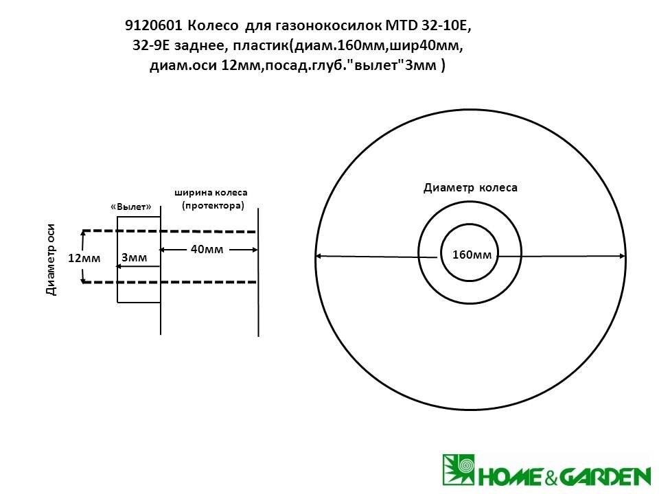 Колесо газонокосилки mtd 32-10e 32-9e заднее пластик диам 160мм шир 40мм д оси 12мм посад глуб вылет 3мм с разбора от компании ООО ГенХольм - фото 1