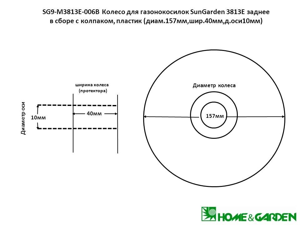 Колесо газонокосилки sungarden m3813e 160мм в сборе с колпаком-болтом пластик шир 43мм диам оси 12мм вылет 3мм от компании ООО ГенХольм - фото 1