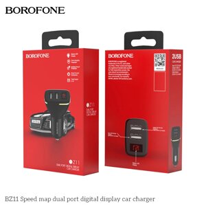 Автомобильный адаптер 2гн. (2гн. USB 5В, 2,1A), дисплей, чёрный BZ11 "Borofone"