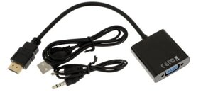 Переходник шт. HDMI - гн. VGA + гн. 3,5, активный, шнур шт. 3,5мм-шт. 3,5мм в комплекте, чёрный GoPower