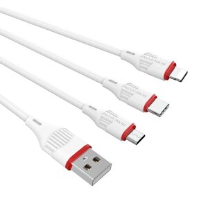USB кабель 3в1 (Lightning, microUSB, Type-C) 1,0м, белый BX17 "Borofone"