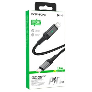 USB кабель шт. Type-C - шт. Lightning 1,2м, 3,0A 20W тканевый, Smart Power-Off, черный BU30 "Borofone"