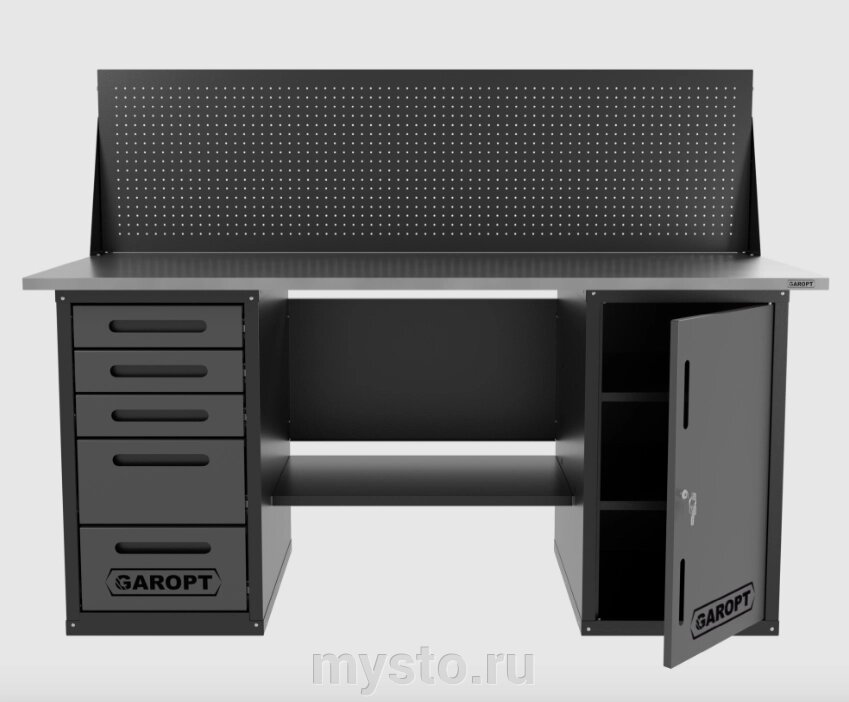 Верстак слесарный Garopt "Low Cost" GT1800DY5PP. grey, двухтумбовый, 5 ящиков, экран, дверца от компании Оборудование для автосервиса и АЗС "Т-ind" доставка в регионы - фото 1