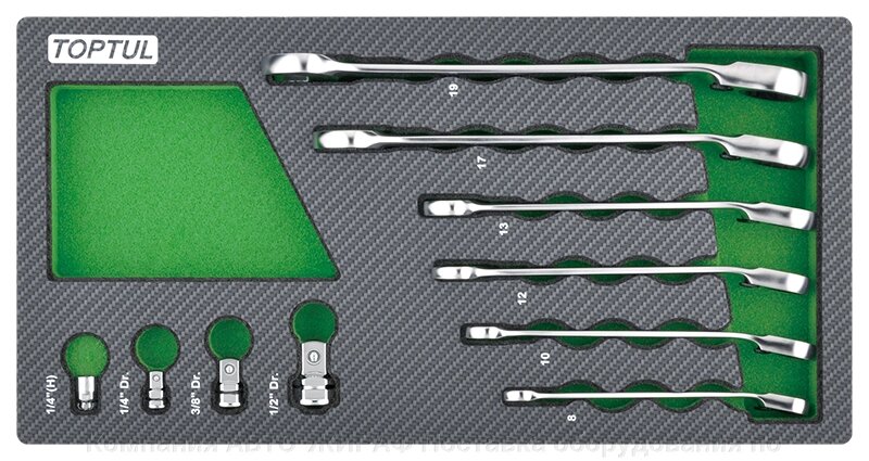 Набор комбинированных трещоточных ключей 8-19 мм, 10 пр. в мягком ложементе TOPTUL  GEA1001 от компании Компания АВТО-ЖИРАФ Поставка оборудования по ценам завода изготовителя - фото 1