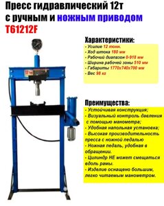 Пресс гидравлический напольный 12т с ручным и ножным приводом TMP