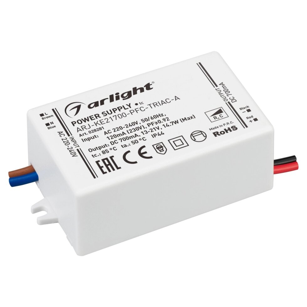 Блок питания ARJ-KE21700-PFC-TRIAC-A (15W, 700mA) (Arlight, IP44 Пластик, 5 лет) от компании ФЕРОСВЕТ - фото 1