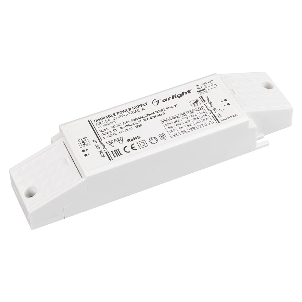 Блок питания ARJ-SP-40-PFC-TRIAC-INS (40W, 27-38V, 0.7-1.05A) (Arlight, IP20 Пластик, 5 лет) от компании ФЕРОСВЕТ  ( FEROSVET) - фото 1