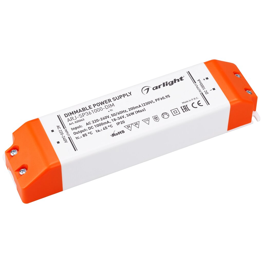 Блок питания ARJ-SP361000-DIM (36W, 1000mA, PFC, Triac) (Arlight, IP20 Пластик, 3 года) от компании ФЕРОСВЕТ  ( FEROSVET) - фото 1