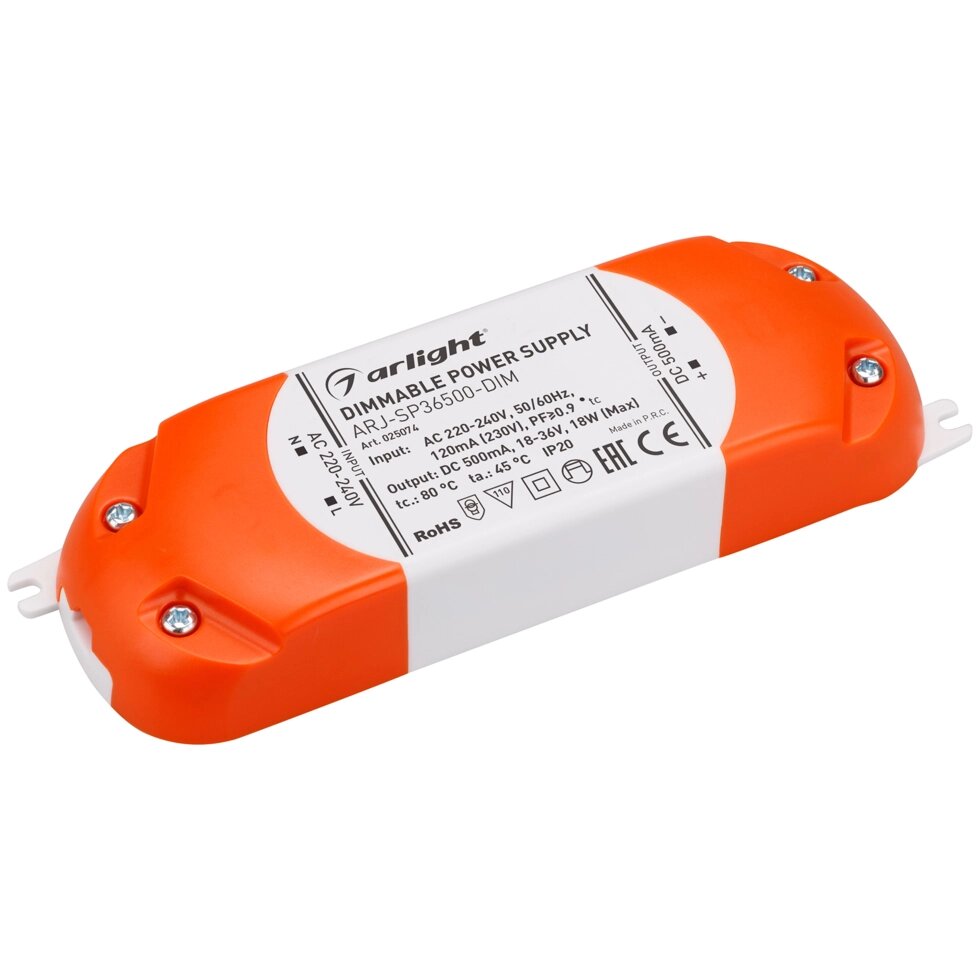 Блок питания ARJ-SP36500-DIM (18W, 500mA, PFC, Triac) (Arlight, IP20 Пластик, 3 года) от компании ФЕРОСВЕТ - фото 1