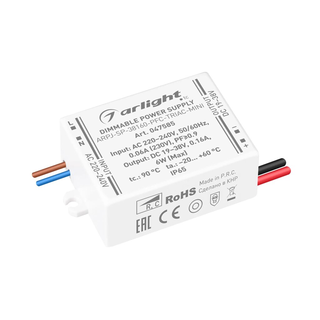 Блок питания ARPJ-SP-38160-PFC-TRIAC-MINI (6W, 19-38V, 160mA) (Arlight, IP65 Пластик, 5 лет) 047585 от компании ФЕРОСВЕТ  ( FEROSVET) - фото 1