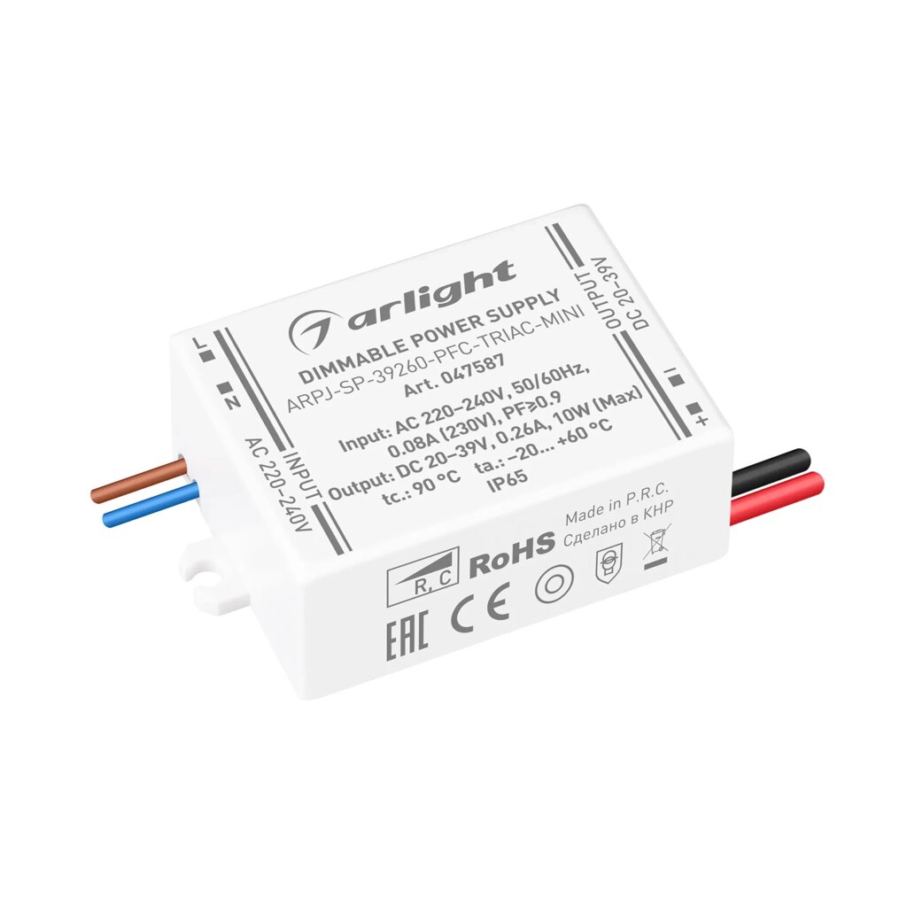 Блок питания ARPJ-SP-39260-PFC-TRIAC-MINI (10W, 20-39V, 260mA) (Arlight, IP65 Пластик, 5 лет) 047587 от компании ФЕРОСВЕТ  ( FEROSVET) - фото 1