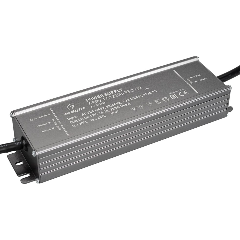 Блок питания ARPV-LG12200-PFC-S2 (12V, 16.7A, 200W) (Arlight, IP67 Металл, 5 лет) от компании ФЕРОСВЕТ - фото 1