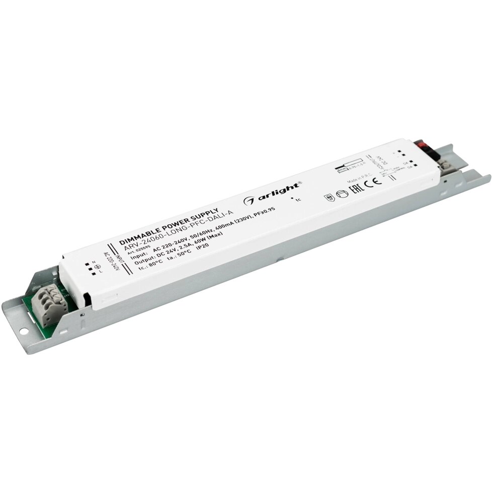 Блок питания ARV-24060-LONG-PFC-DALI-A (24V, 2.5A, 60W) (Arlight, IP20 Металл, 5 лет) от компании ФЕРОСВЕТ - фото 1