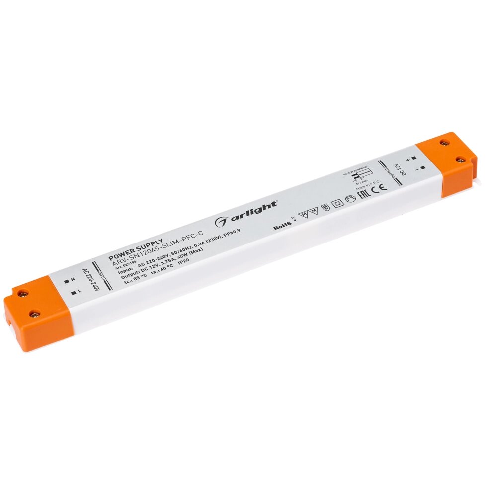 Блок питания ARV-SN12045-SLIM-PFC-C (12V, 3.75A, 45W) (Arlight, IP20 Пластик, 3 года) от компании ФЕРОСВЕТ - фото 1