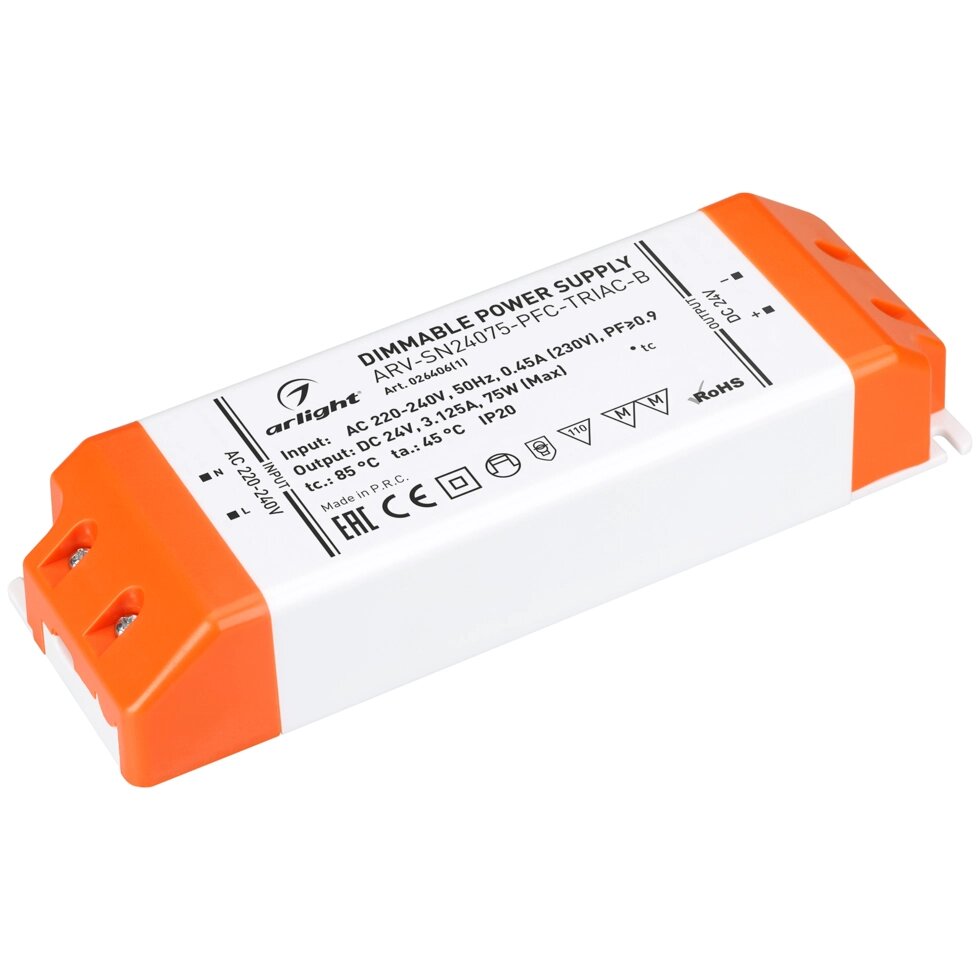 Блок питания ARV-SN24075-PFC-TRIAC-B (24V, 3.1A, 75W) (Arlight, IP20 Пластик, 3 года) от компании ФЕРОСВЕТ  ( FEROSVET) - фото 1