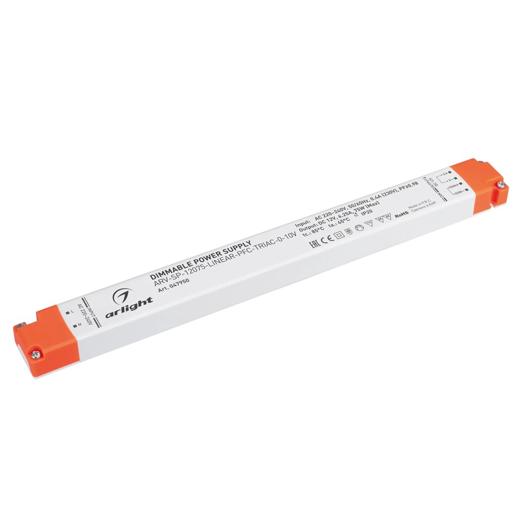 Блок питания ARV-SP-12075-LINEAR-PFC-TRIAC-0-10V (12V, 6.25A, 75W) (Arlight, IP20 Пластик, 5 лет) 047950 от компании ФЕРОСВЕТ  ( FEROSVET) - фото 1