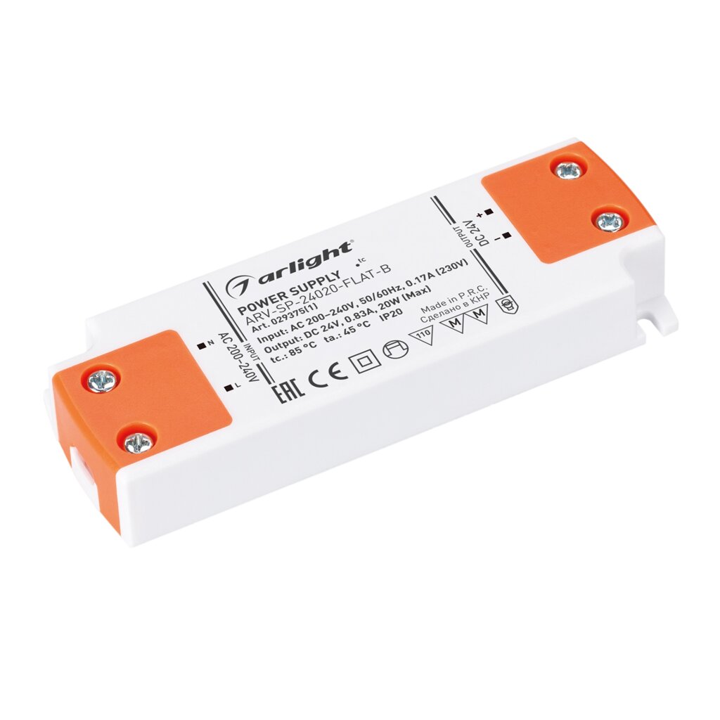 Блок питания ARV-SP-24020-FLAT-B (24V, 0.83A, 20W) (Arlight, IP20 Пластик, 5 лет) от компании ФЕРОСВЕТ  ( FEROSVET) - фото 1