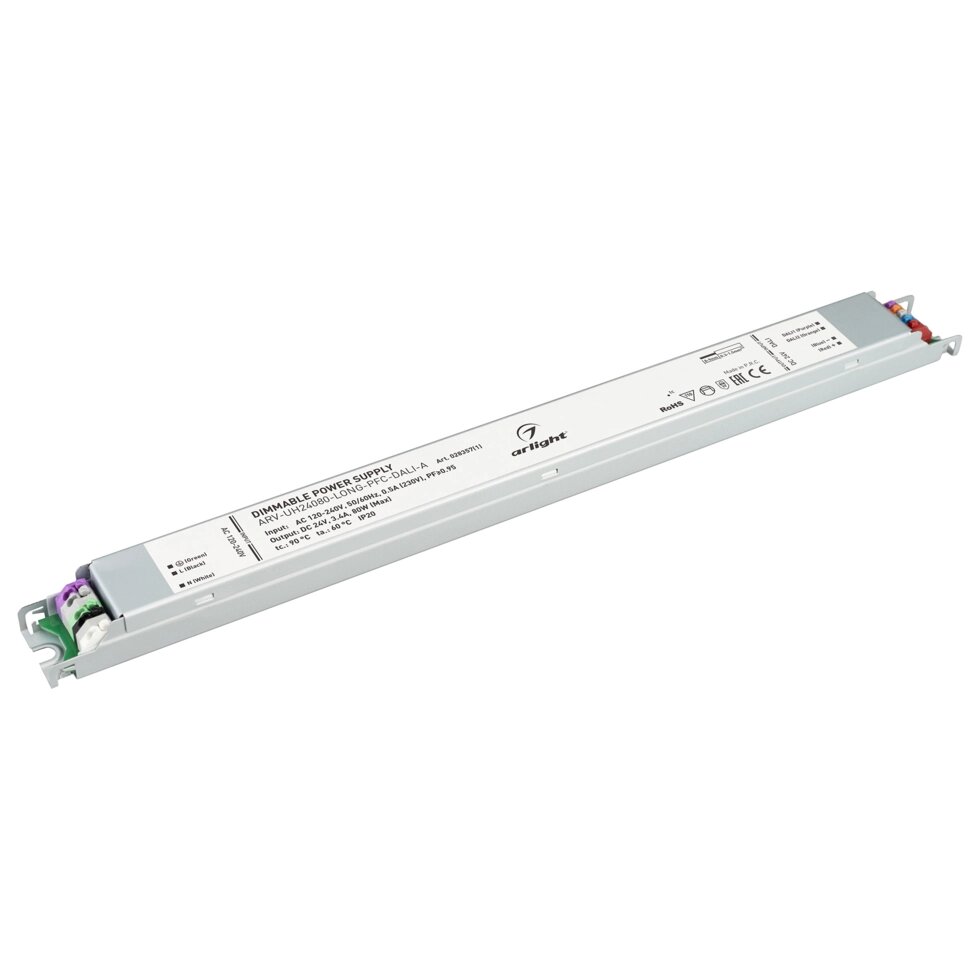 Блок питания ARV-UH24080-LONG-PFC-DALI-A (24V, 3.4A, 80W) (Arlight, IP20 Металл, 7 лет) от компании ФЕРОСВЕТ - фото 1