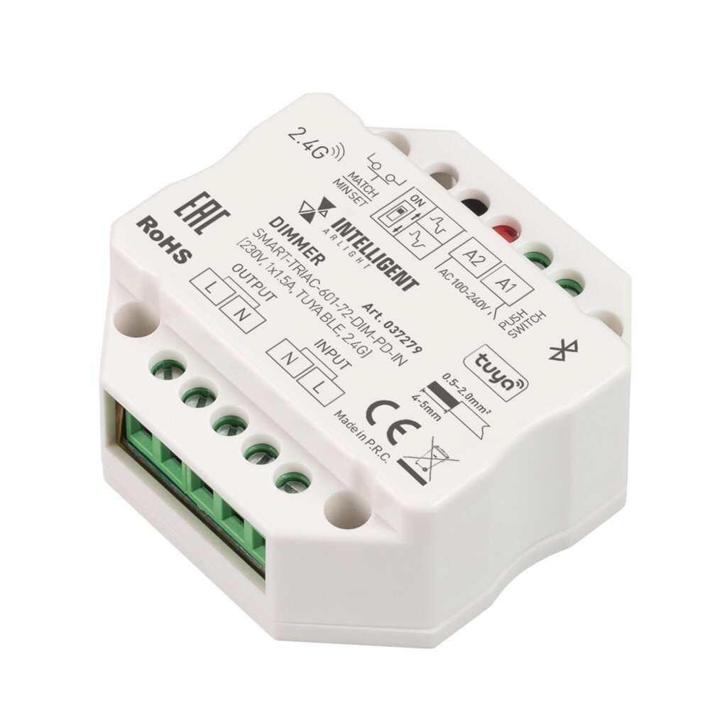 INTELLIGENT ARLIGHT Диммер SMART-TRIAC-601-72-DIM-PD-IN (230V, 1x1.5A, TUYA BLE, 2.4G) (IARL, IP20 Пластик, 5 лет) от компании ФЕРОСВЕТ - фото 1